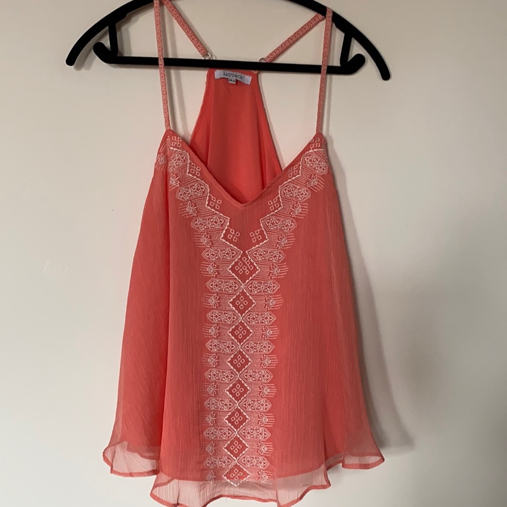 Peach Lucy-Paris tank with white embroidery